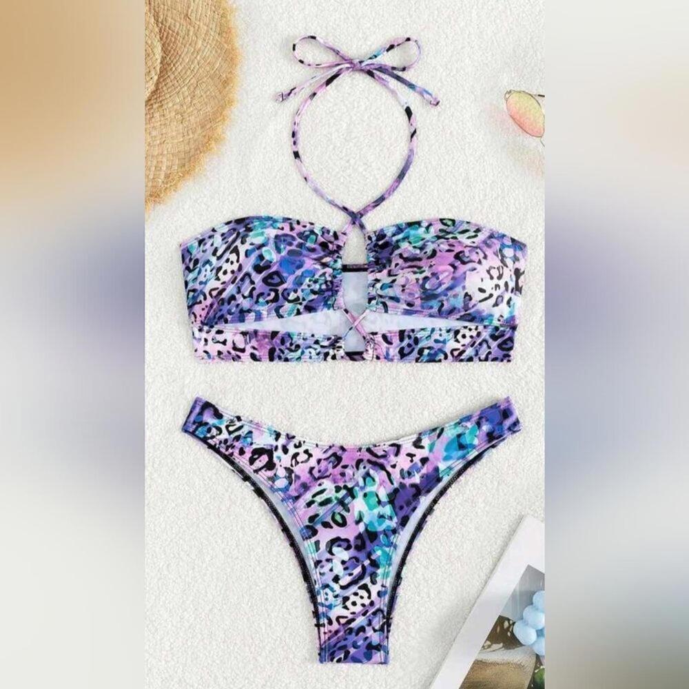 Leopard Print Ribbed Laced-Up Bikini - Size M